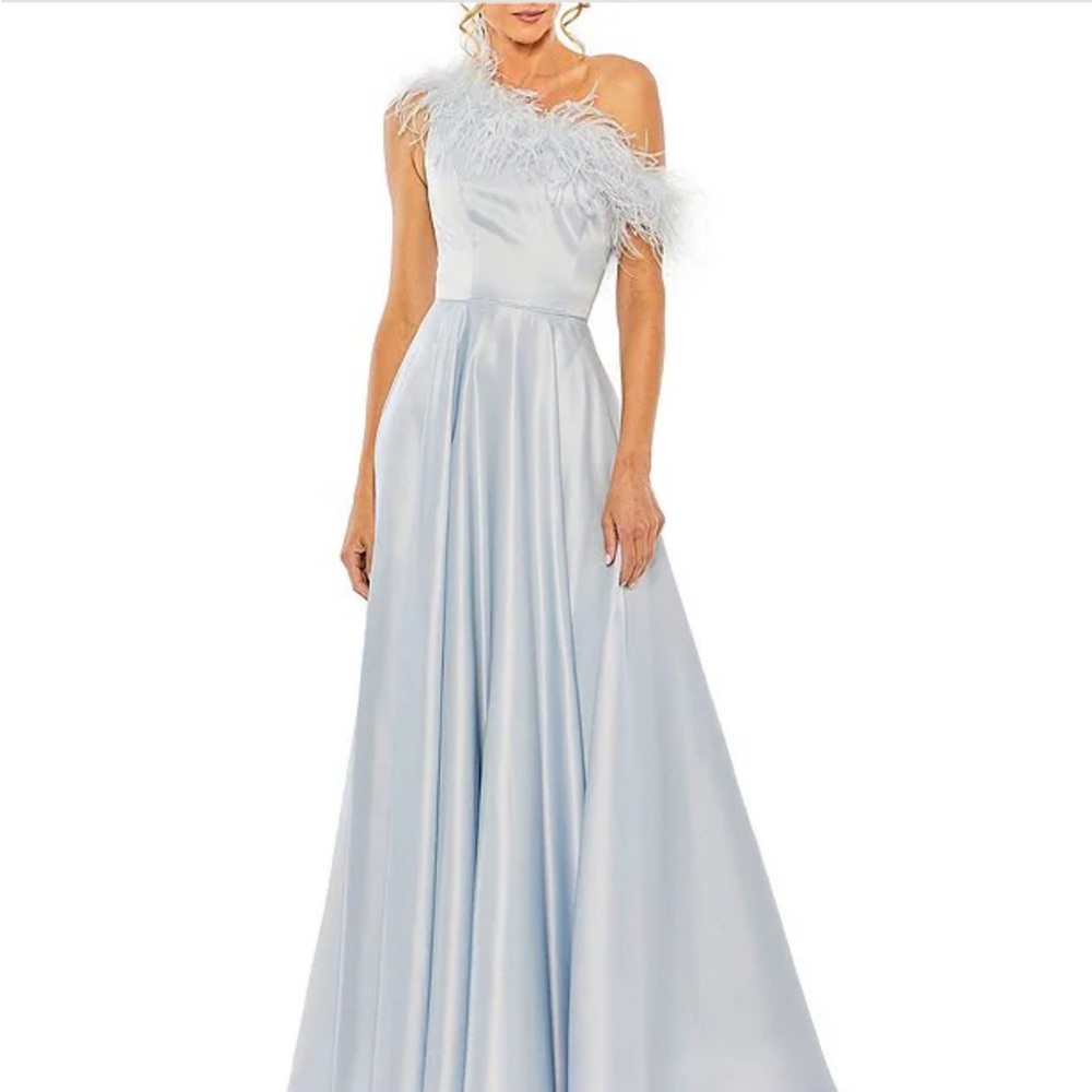 Mac Duggal Light Blue One-Shoulder Feather-Trim Evening Gown